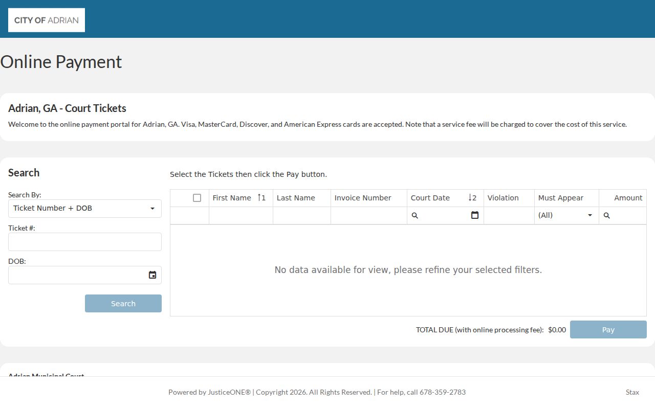 Adrian JusticeOne citation search and payment route